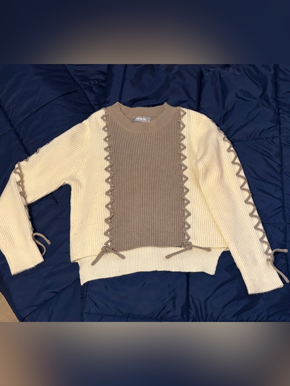 Blue B Cream and Taupe Lace-Up Crewneck Sweater